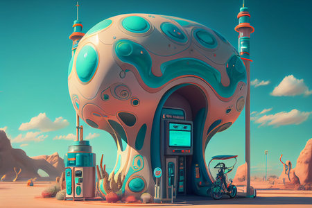 A sleek, futuristic petrol station, generative ai illustration, with cutting-edge architecture and advanced technology with futuristic vehicles refueling at the station.の素材
