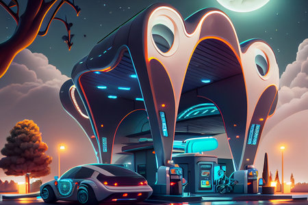 A sleek, futuristic petrol station, generative ai illustration, with cutting-edge architecture and advanced technology with futuristic vehicles refueling at the station.の素材
