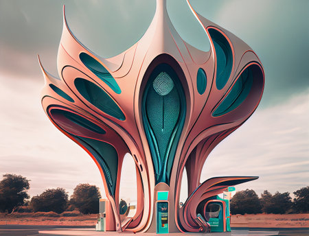 A sleek, futuristic petrol station, generative ai illustration, with cutting-edge architecture and advanced technology with futuristic vehicles refueling at the station.の素材