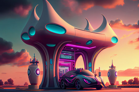 A sleek, futuristic petrol station, generative ai illustration, with cutting-edge architecture and advanced technology with futuristic vehicles refueling at the station.の素材