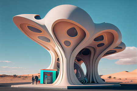 A sleek, futuristic petrol station, generative ai illustration, with cutting-edge architecture and advanced technology with futuristic vehicles refueling at the station.の素材