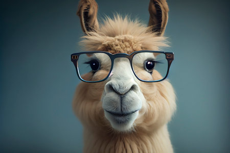 Portrait of a funny intelligent llama in glasses, ai illustrationの素材