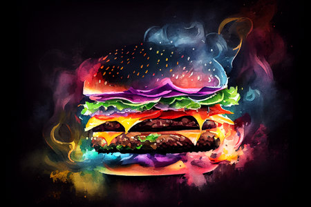 A juicy, delicious hamburger, perfectly grilled with melted cheese, crispy lettuce, fresh tomato, and a toasty bun, generative ai illustration in watercolor styleの素材