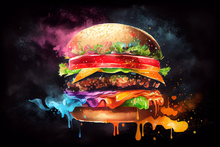 A juicy, delicious hamburger, perfectly grilled with melted cheese, crispy lettuce, fresh tomato, and a toasty bun, generative ai illustration in watercolor styleの素材