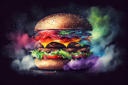 A juicy, delicious hamburger, perfectly grilled with melted cheese, crispy lettuce, fresh tomato, and a toasty bun, generative ai illustration in watercolor styleの素材
