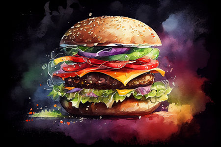 A juicy, delicious hamburger, perfectly grilled with melted cheese, crispy lettuce, fresh tomato, and a toasty bun, generative ai illustration in watercolor styleの素材