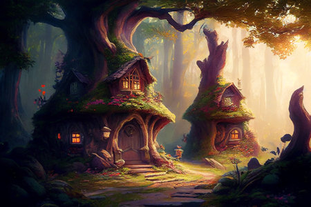 A whimsical generative ai illustration featuring charming gnome houses nestled amongst the lush forest foliage. This fairytale scene transports you to a magical world of fantasy and enchantment.の素材