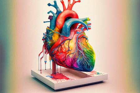 Human heart model printed on a 3D printer, showcasing the intricate details and complexity of the human heart, generative ai illustration in watercolor style.の素材