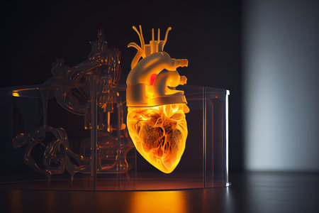 Human heart model printed on a 3D printer, showcasing the intricate details and complexity of the human heart, generative ai illustration.の素材