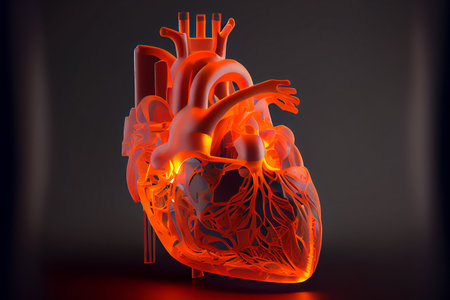 Human heart model printed on a 3D printer, showcasing the intricate details and complexity of the human heart, generative ai illustration.の素材