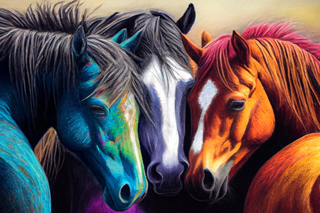 A group of beautiful horses standing together in a field, their heads close as they nuzzle each other affectionately, generative ai illustrationの素材