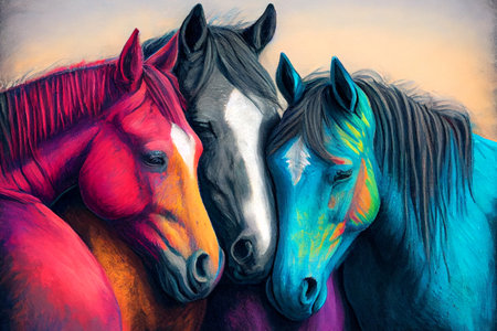 A group of beautiful horses standing together in a field, their heads close as they nuzzle each other affectionately, generative ai illustrationの素材