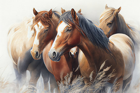 A group of beautiful horses standing together in a field, their heads close as they nuzzle each other affectionately, generative ai illustration in watercolor styleの素材