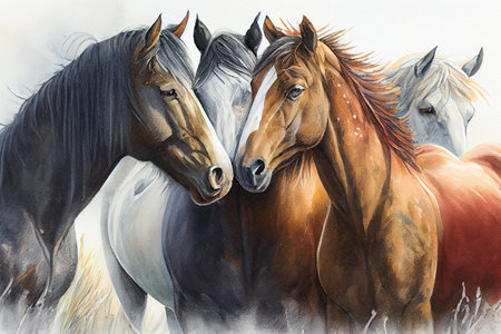 A group of beautiful horses standing together in a field, their heads close as they nuzzle each other affectionately, generative ai illustration in watercolor styleの素材