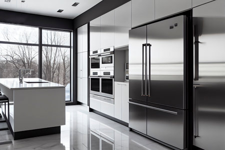 A sleek, modern kitchen with high-tech appliances and metallic finishes, generative ai illustrationの素材