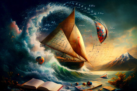 A fantasy math background featuring imaginary mathematical equations, formulas, symbols and charts, ai generated illustration.の素材