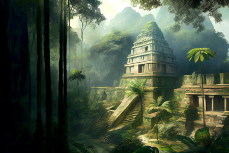 Maya civilization ai generated illustration depicting ancient ruins, pyramids, and jungle landscapes with vibrant colors and intricate detailsの素材