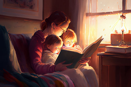 A heartwarming scene of a mother sitting on a cozy chair, reading a book to her children sitting around her, generative ai illustration in watercolor styleの素材