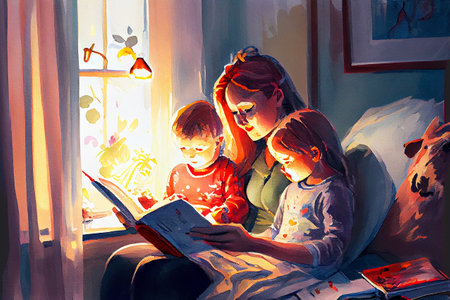A heartwarming scene of a mother sitting on a cozy chair, reading a book to her children sitting around her, generative ai illustration in watercolor styleの素材