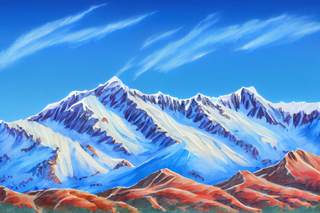 A mountain range with snow-capped peaks, set against a clear blue sky, ai generated illustration in watercolor styleの素材