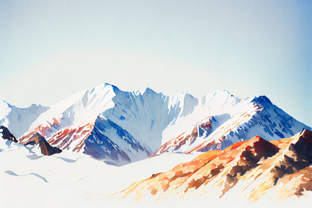 A mountain range with snow-capped peaks, set against a clear blue sky, ai illustration in watercolor styleの素材