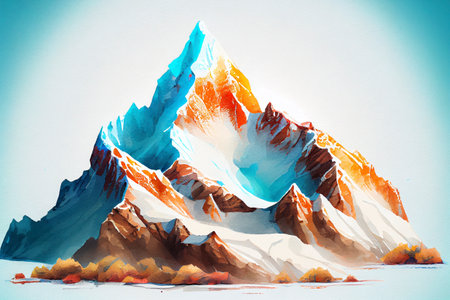 A mountain range with snow-capped peaks, set against a clear blue sky, ai illustration in watercolor styleの素材