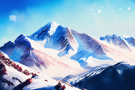 A mountain range with snow-capped peaks, set against a clear blue sky, ai generated illustration in watercolor styleの素材