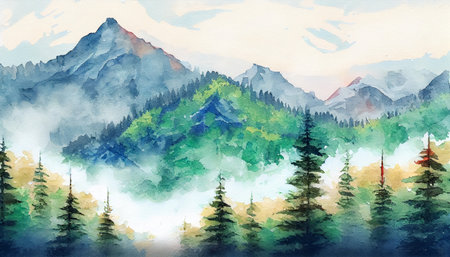 A mountain range with snow-capped peaks, set against a clear blue sky, ai generated illustration in watercolor styleの素材