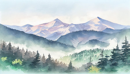 A mountain range with snow-capped peaks, set against a clear blue sky, ai generated illustration in watercolor styleの素材