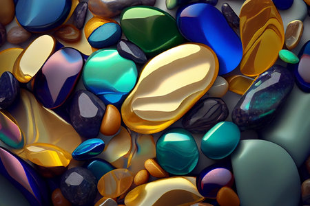 Colorful natural gem stones in various shapes and sizes, arranged in an organic and visually appealing composition, generative ai illustrationの素材