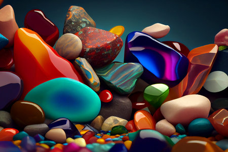 Colorful natural gem stones in various shapes and sizes, arranged in an organic and visually appealing composition, generative ai illustrationの素材