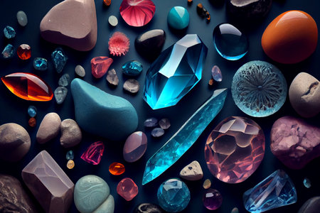 Colorful natural gem stones in various shapes and sizes, arranged in an organic and visually appealing composition, generative ai illustrationの素材
