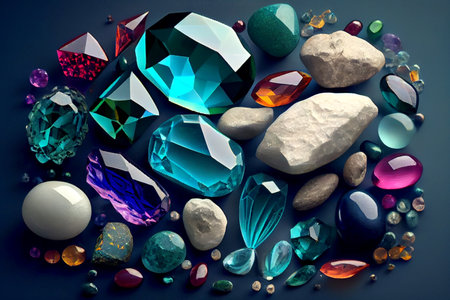 Colorful natural gem stones in various shapes and sizes, arranged in an organic and visually appealing composition, generative ai illustrationの素材