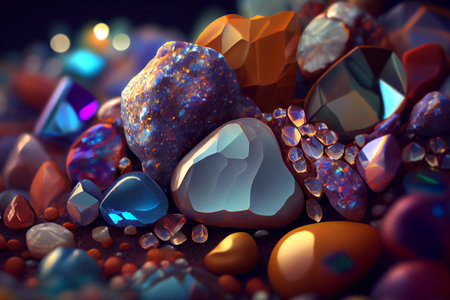 Colorful natural gem stones in various shapes and sizes, arranged in an organic and visually appealing composition, generative ai illustrationの素材