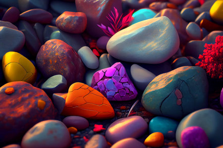 Colorful natural gem stones in various shapes and sizes, arranged in an organic and visually appealing composition, generative ai illustrationの素材