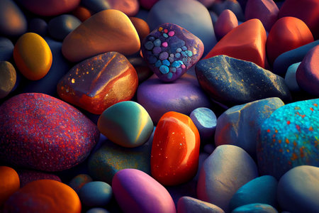 Colorful natural gem stones in various shapes and sizes, arranged in an organic and visually appealing composition, generative ai illustrationの素材