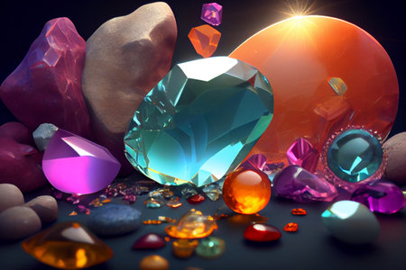 Colorful natural stones in various shapes and sizes, arranged in an organic and visually appealing composition, ai illustrationの素材