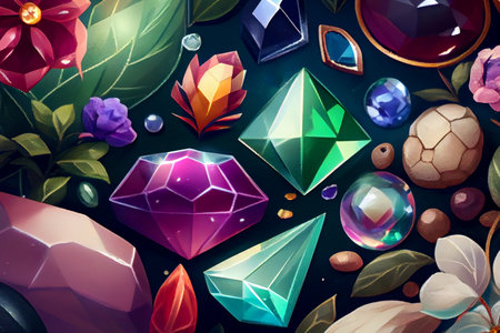 Colorful natural gem stones in various shapes and sizes, arranged in an organic and visually appealing composition, ai illustrationの素材