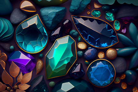 Colorful natural gem stones in various shapes and sizes, arranged in an organic and visually appealing composition, ai illustrationの素材