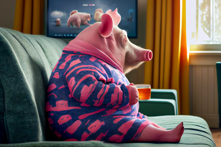 Fatty lazy pig in sleeping suit sitting on sofa, conceptual ai illustrationの素材