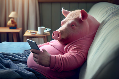 Fatty pig in pyjama lying on sofa with smartphone, conceptual ai illustrationの素材