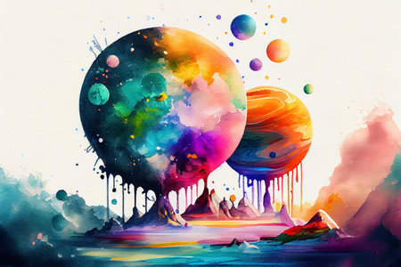 Astronomy background, holographic composition of planets, ai generated illustration in watercolor styleの素材