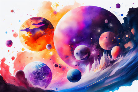 Astronomy background, holographic composition of planets, ai generated illustration in watercolor styleの素材