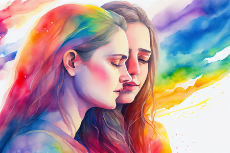 Two young women together, loving female couple, ai illustration in watercolor styleの素材