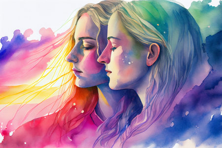 Two young women together, loving female couple, ai illustration in watercolor styleの素材
