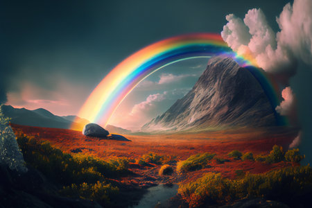 A rainbow arcing over a landscape, the vibrant colors of the spectrum captured in stunning detail, generative ai illustrationの素材
