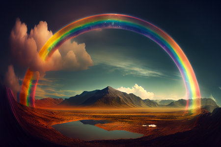 A rainbow arcing over a landscape, the vibrant colors of the spectrum captured in stunning detail, generative ai illustrationの素材