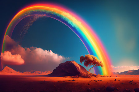 A rainbow arcing over a landscape, the vibrant colors of the spectrum captured in stunning detail, generative ai illustrationの素材