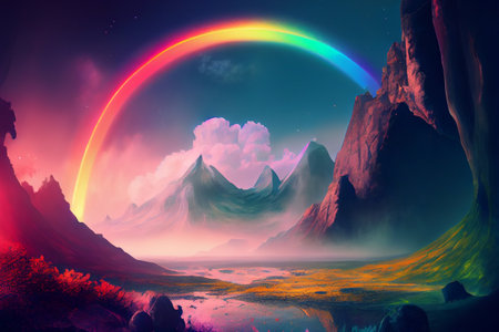 A rainbow arcing over a landscape, the vibrant colors of the spectrum captured in stunning detail, generative ai illustrationの素材