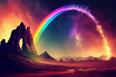 A rainbow arcing over a landscape, the vibrant colors of the spectrum captured in stunning detail, generative ai illustrationの素材